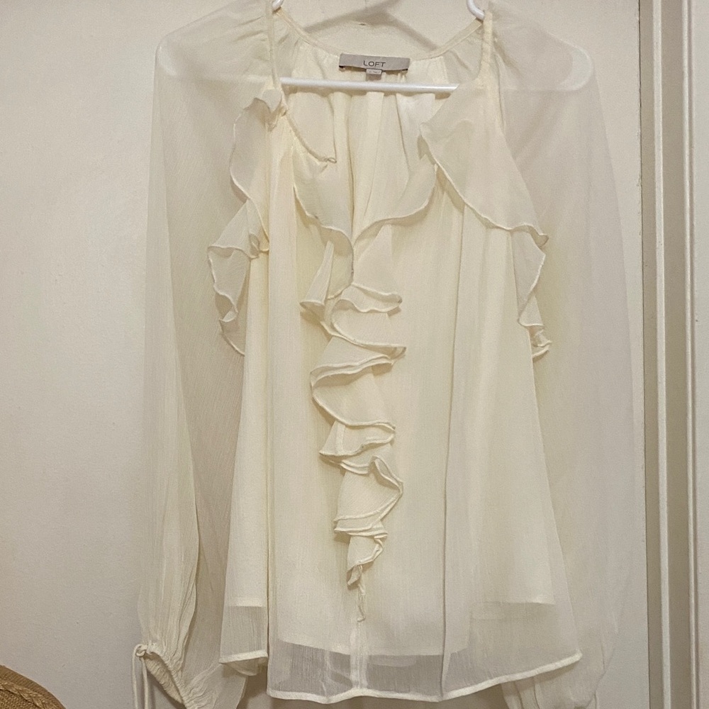 LOFT Cream Ruffle Chiffon Blouse - Sheer Long Sleeve